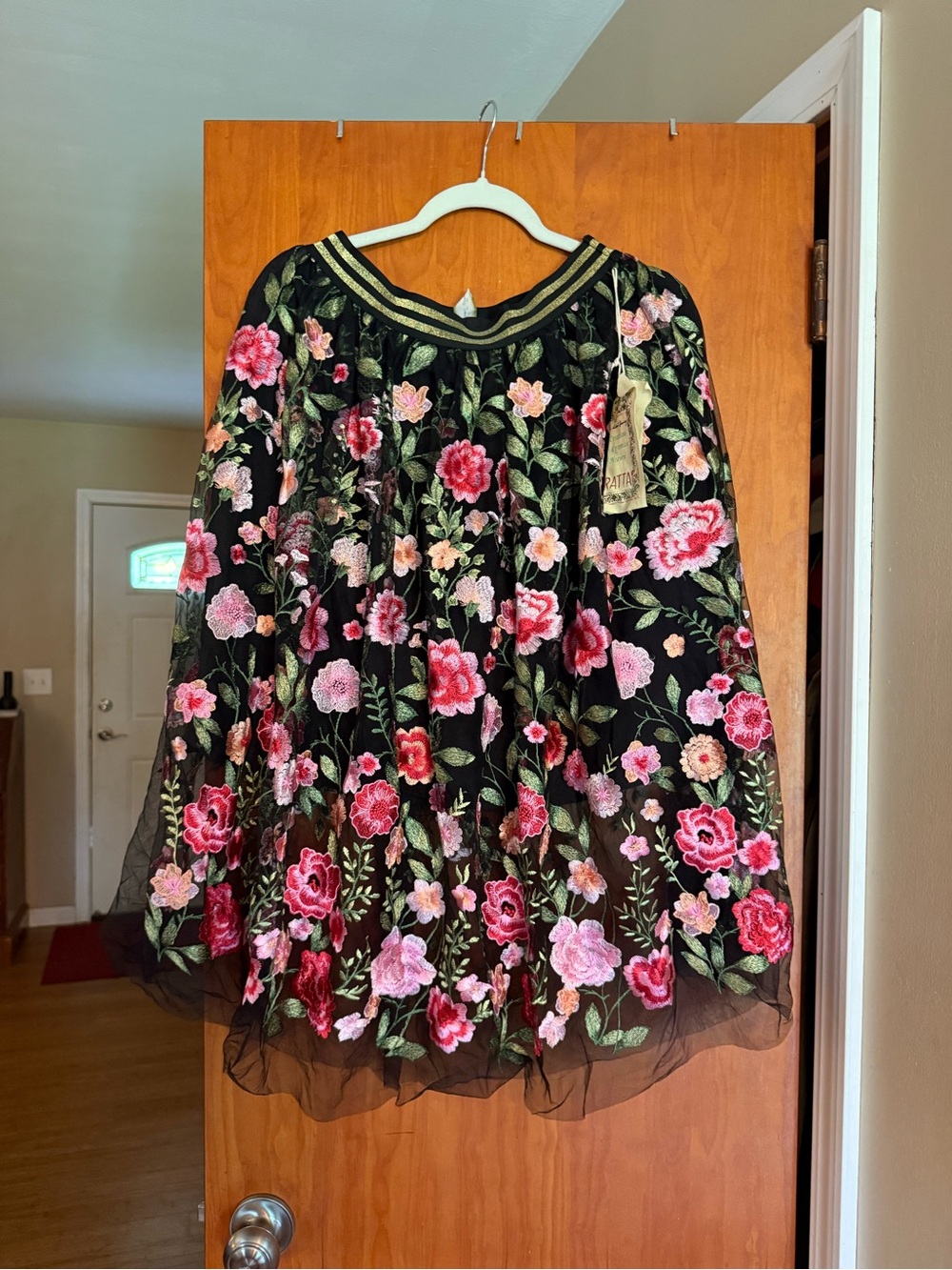 Black A-Line Skirt with Pink and Red Floral Embroidery